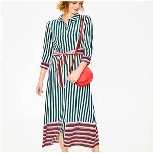 Boden Dress Size 10 Long Midi Shirt Dress Green Pink Stripe Button Down